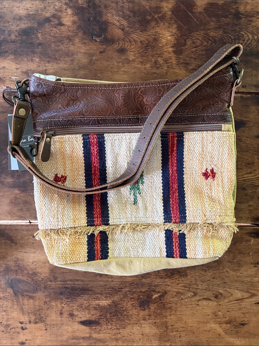 NWT Myra Fragrant Yellow Leather/Woven Shoulder Bag.